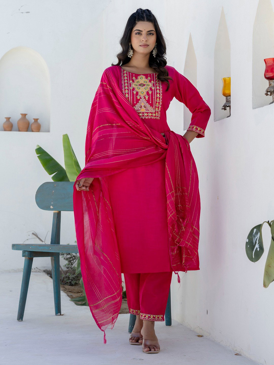  VP 9709 Pink Cotton Kurti pent Dupatta 3pcs Kurta set