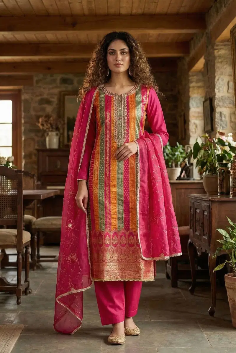 Rimzim Vol 3 Banarasi Jacquard With Handworked Kurti With Bottom Dupatta