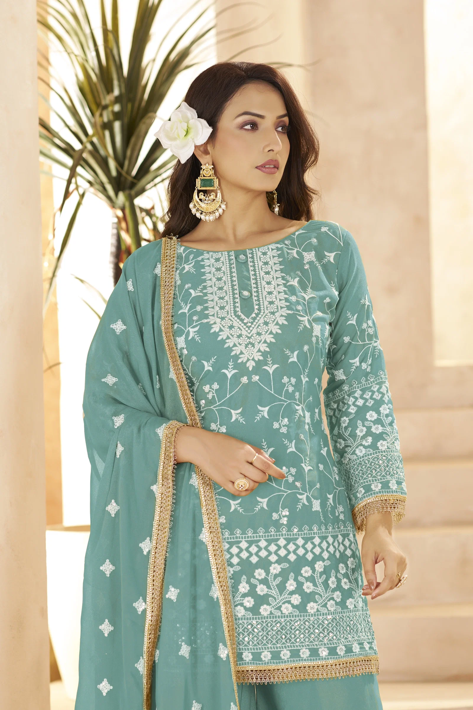 SD Lenora Star Georgette Readymade Top Plazzo And Dupatta Set