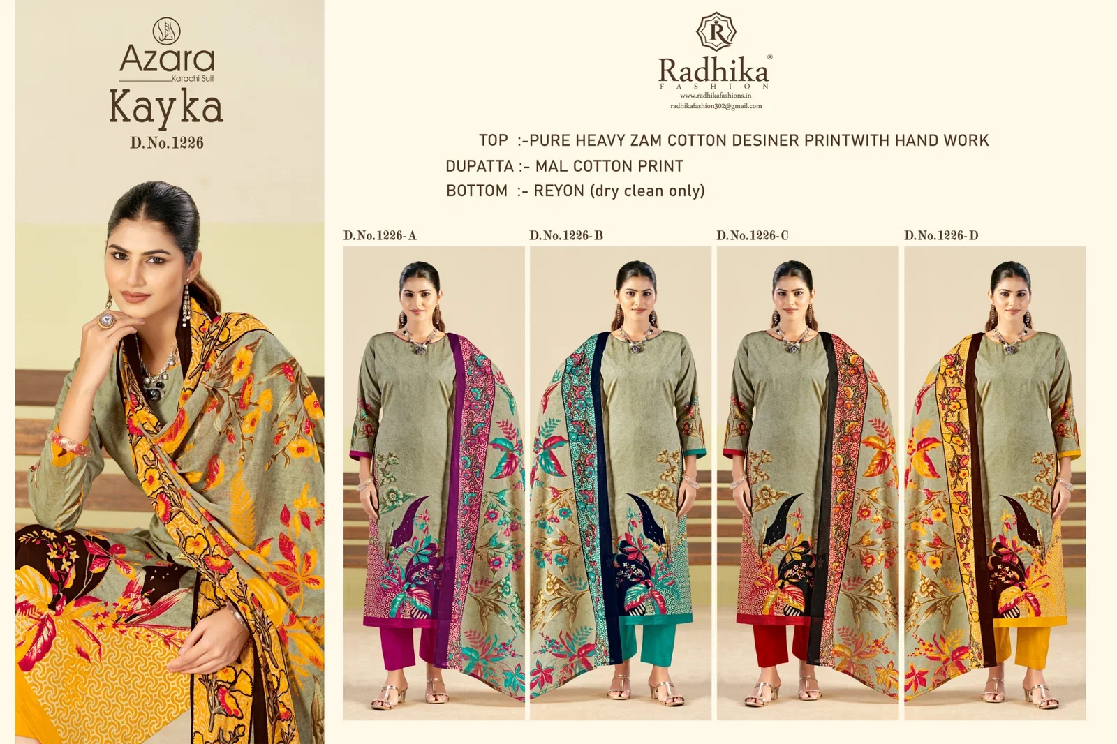 Radhika Azara Kayka 1226 A To D Zam Cottom Designer Printed Dress Materials