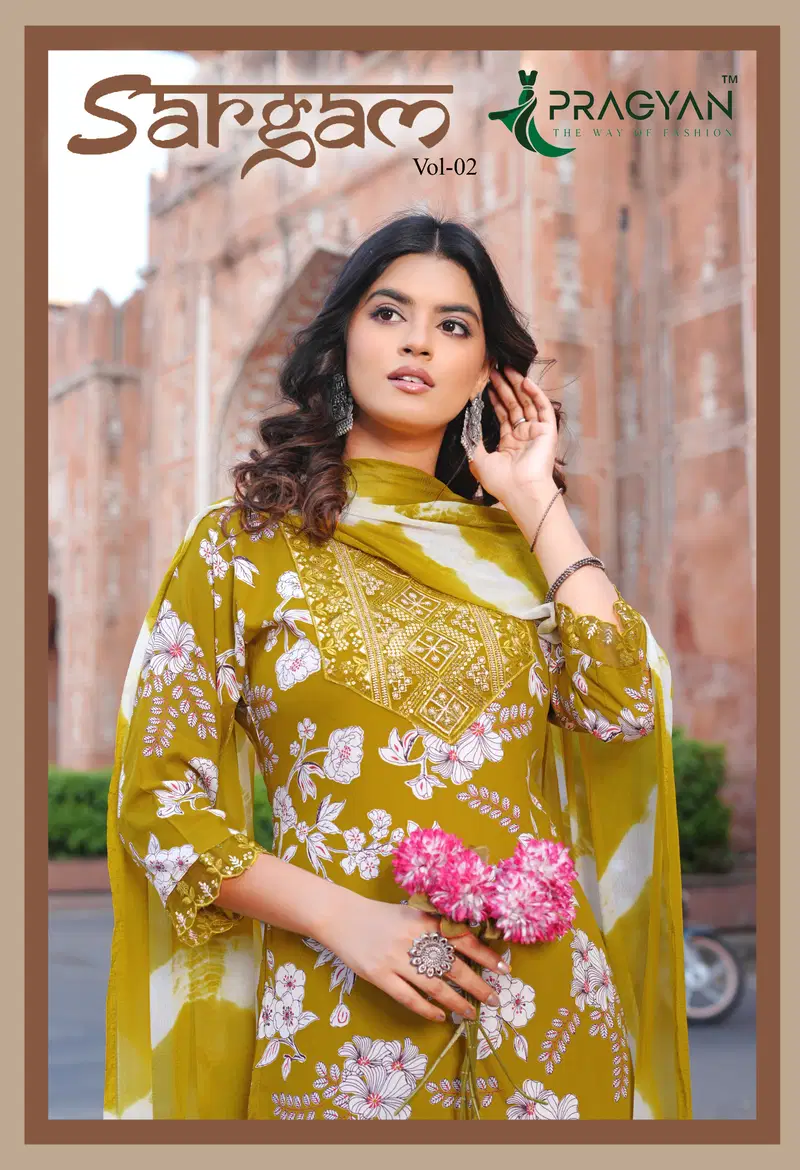 Pragyan Sargam Vol 2 Rayon Printed Embroidered Kurti Set Collection