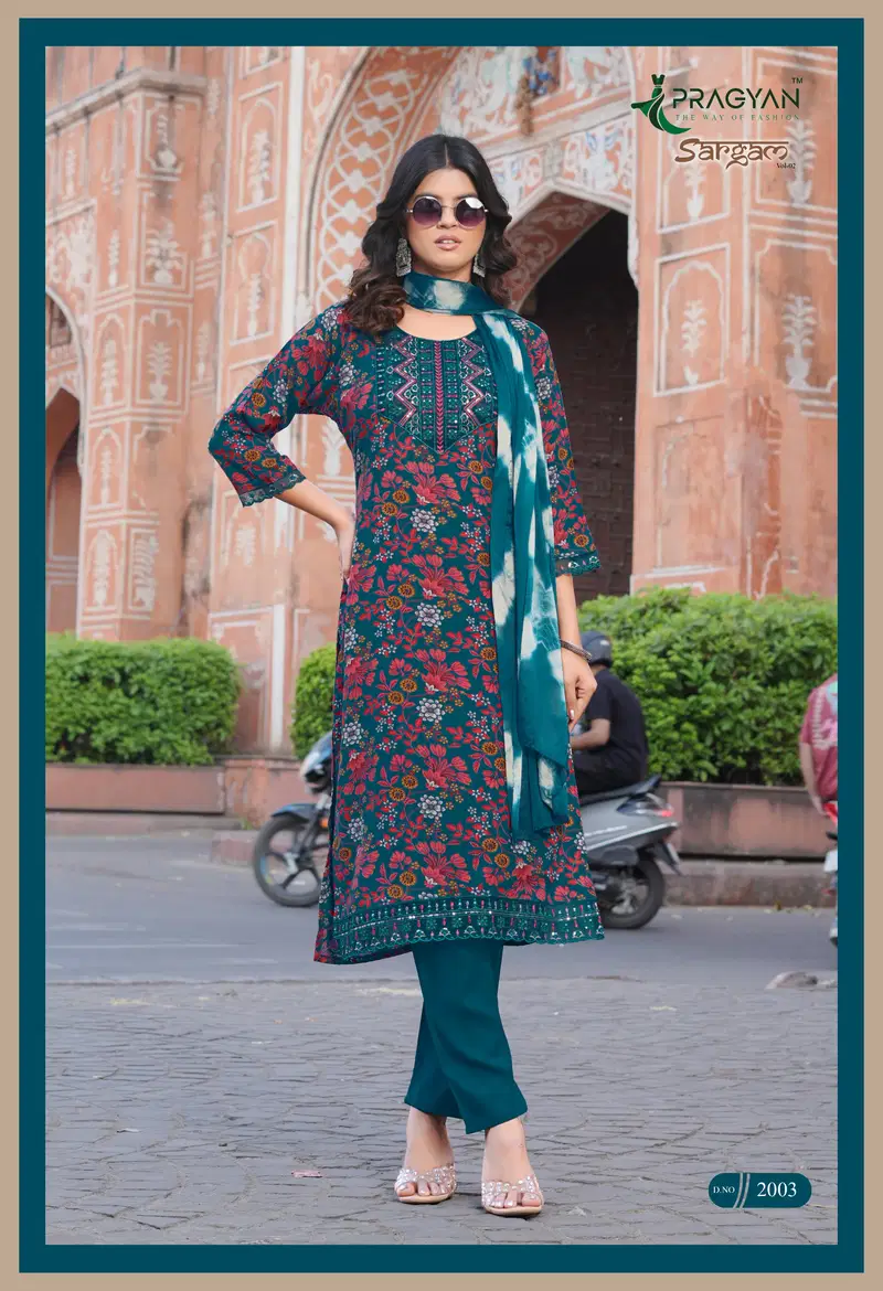 Pragyan Sargam Vol 2 Rayon Printed Embroidered Kurti Set Collection