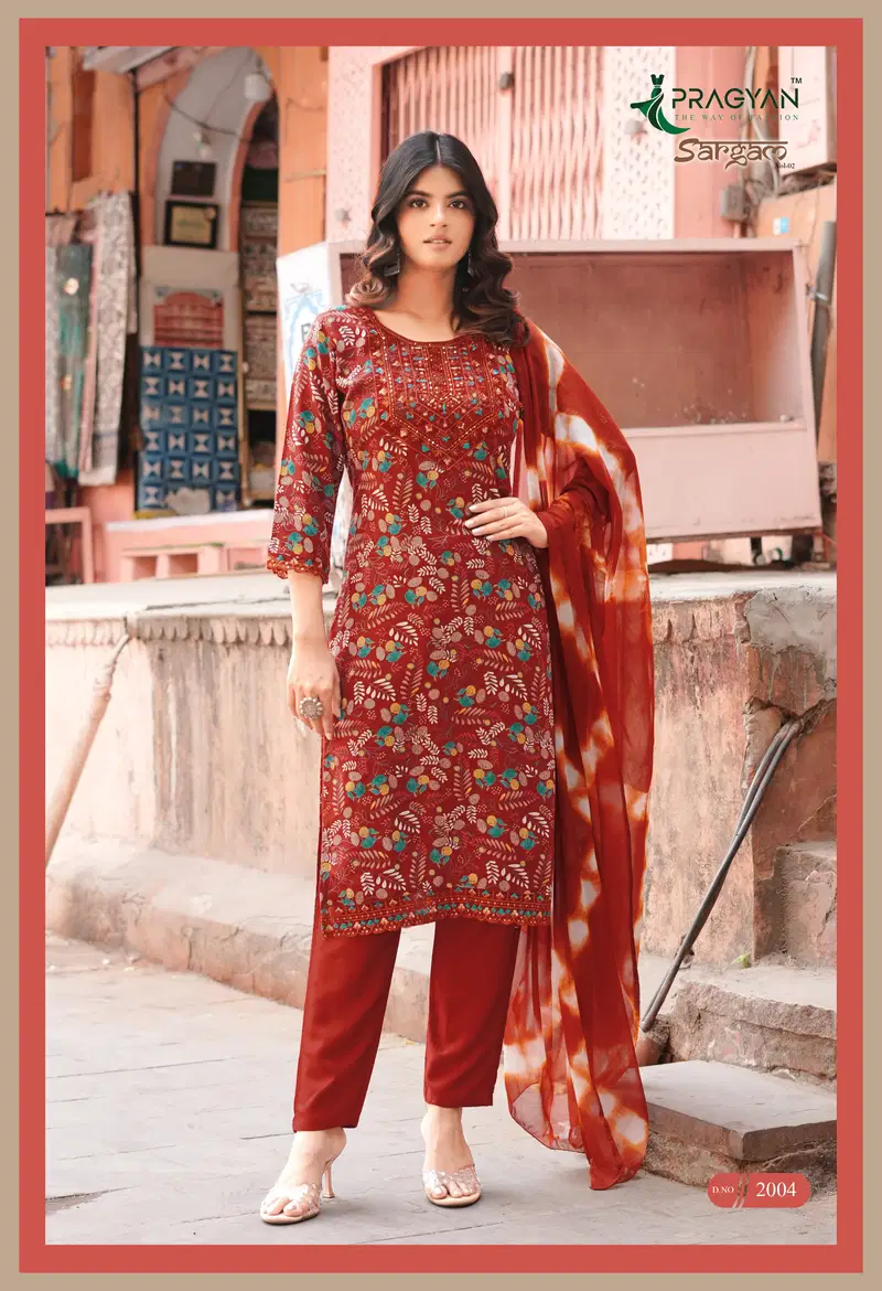 Pragyan Sargam Vol 2 Rayon Printed Embroidered Kurti Set Collection