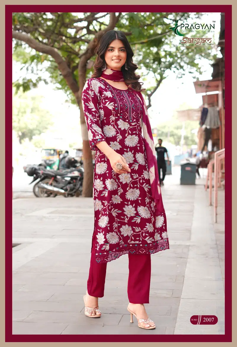 Pragyan Sargam Vol 2 Rayon Printed Embroidered Kurti Set Collection