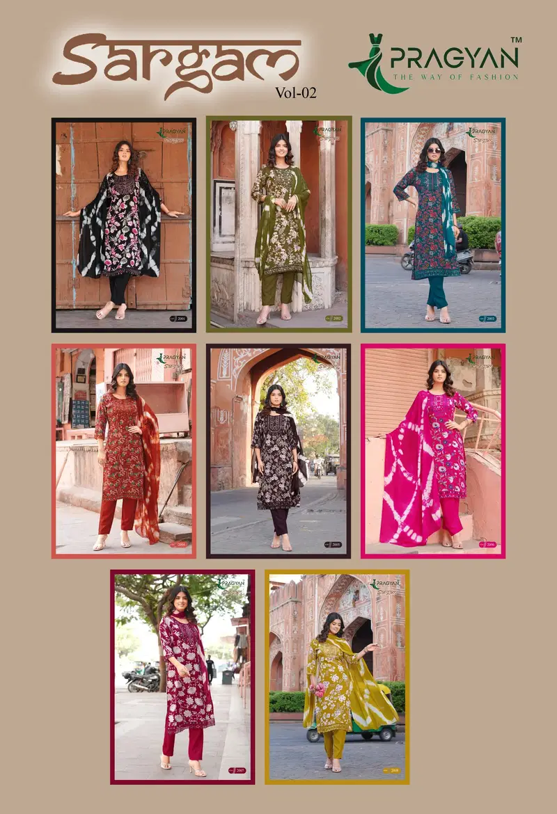 Pragyan Sargam Vol 2 Rayon Printed Embroidered Kurti Set Collection