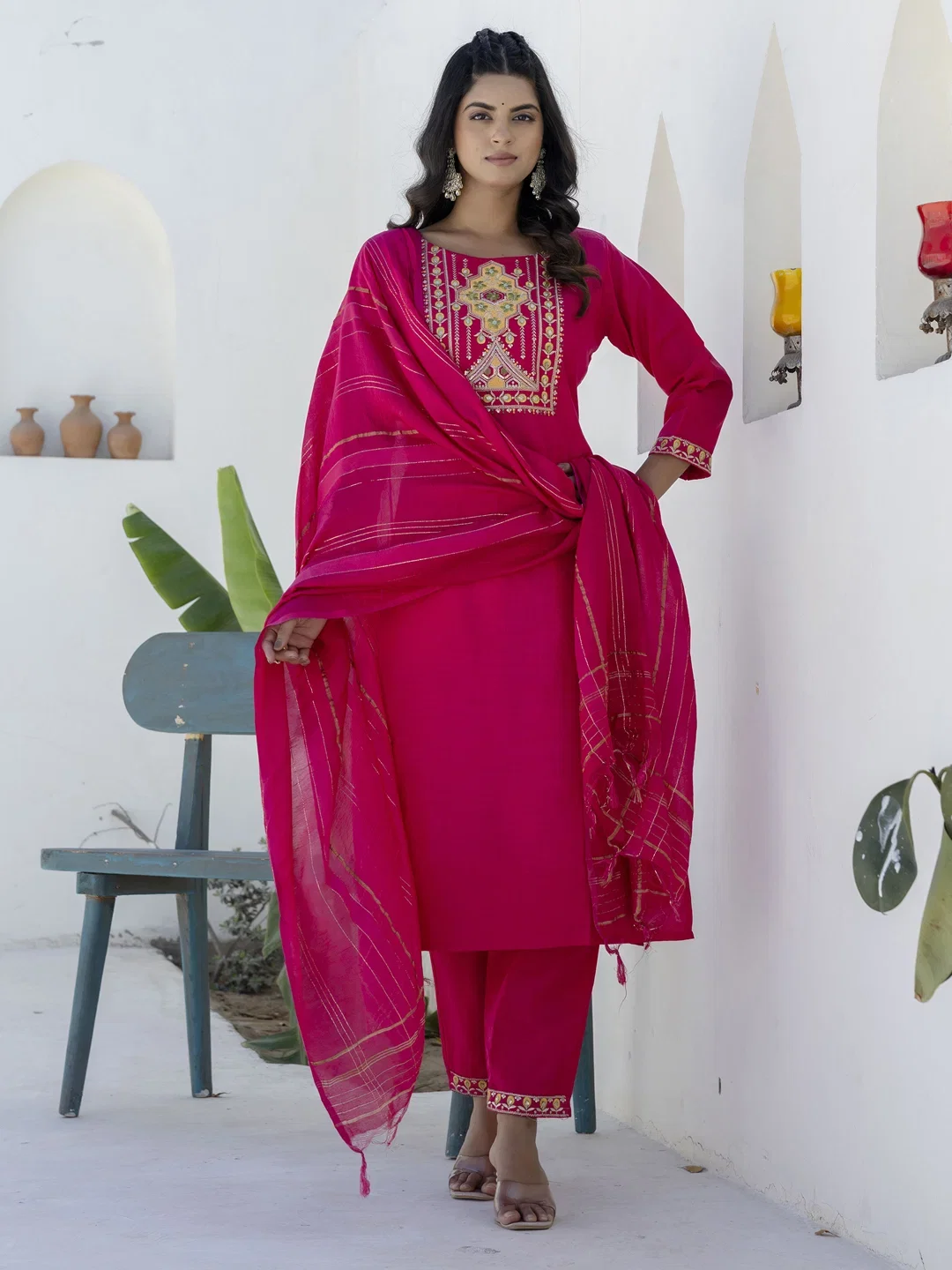 Vp 9709 Pink Cotton Blend Kurti Pant With Dupatta
