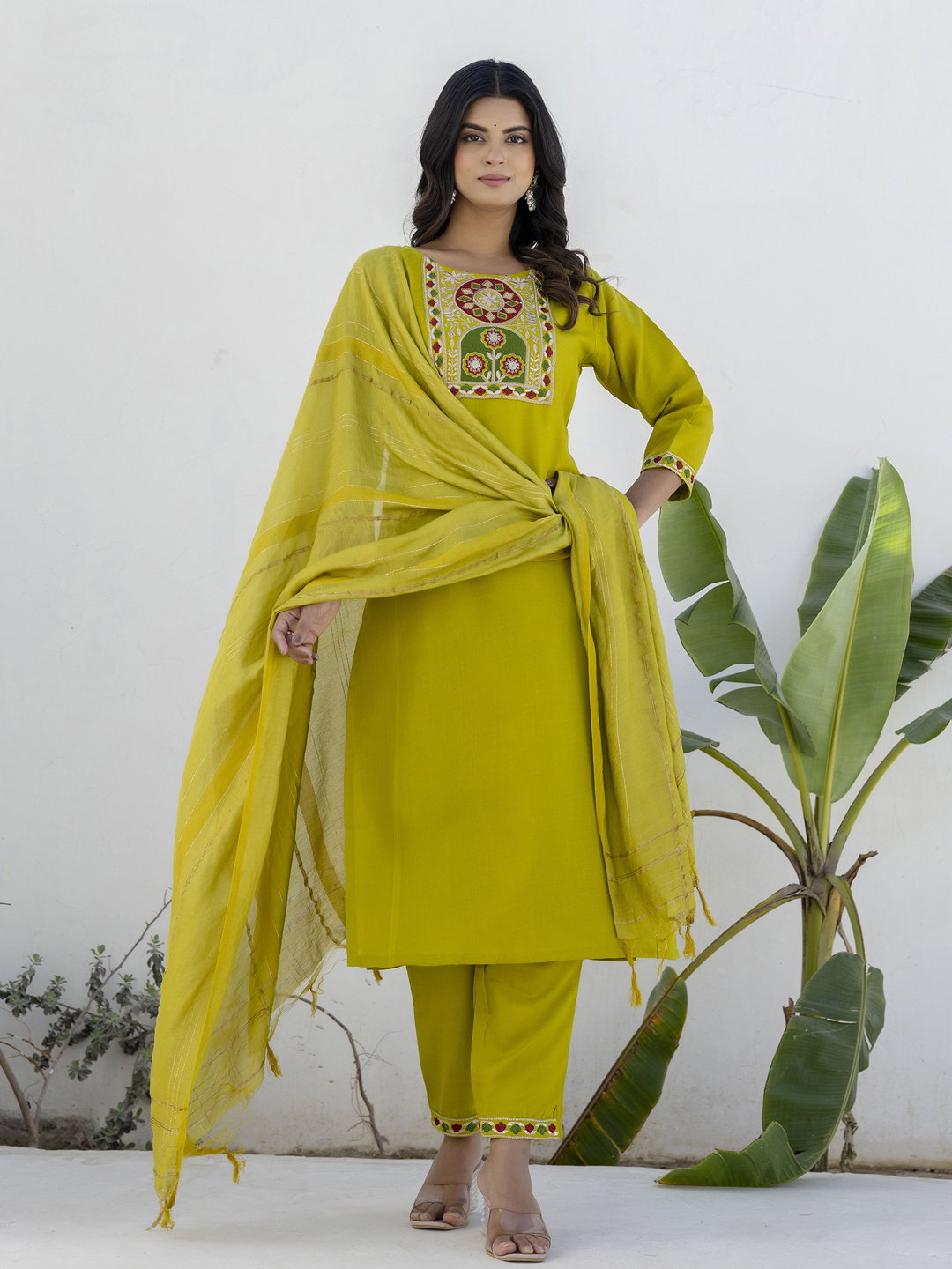 Vp 9209 Lemon Cotton Blend Kurti Pant With Dupatta