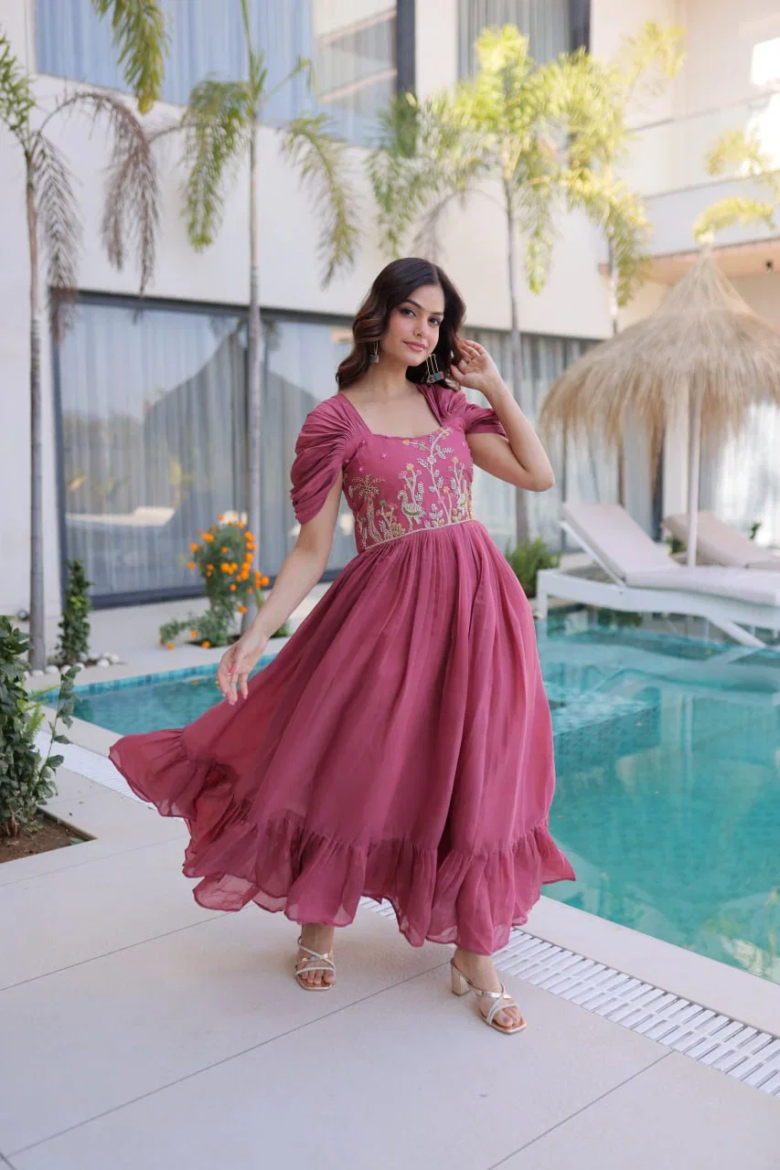Ka 1240 Mal Chanderi Beads Embroidered Long Gown Collection