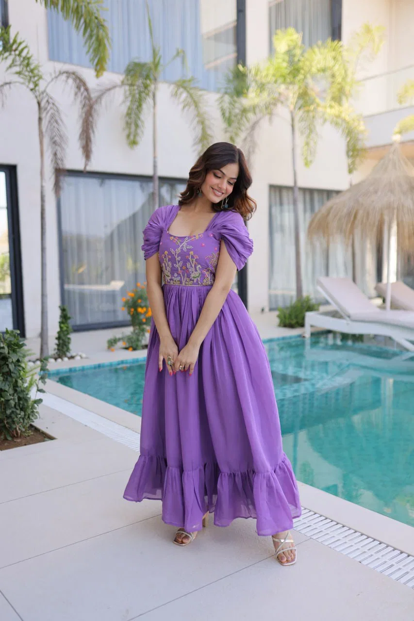 Ka 1240 Mal Chanderi Beads Embroidered Long Gown Collection