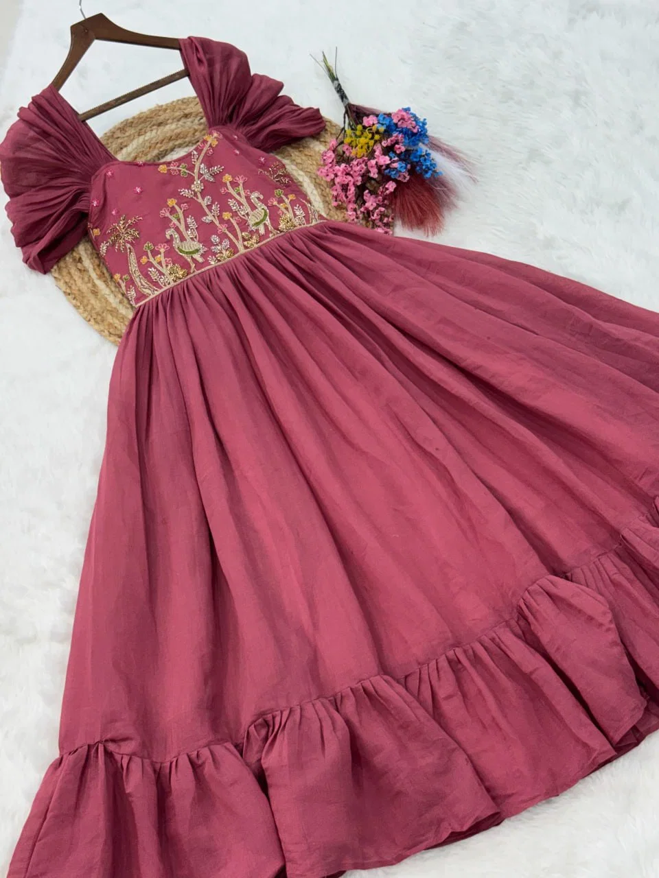 Ka 1240 Mal Chanderi Beads Embroidered Long Gown Collection