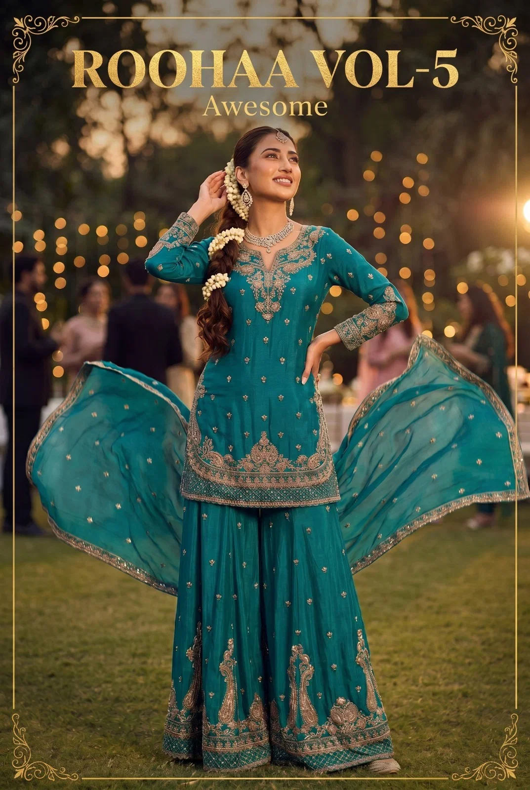 Roohaa Vol 5 Chinon Silk Embroidered Kurti With Sharara And Dupatta