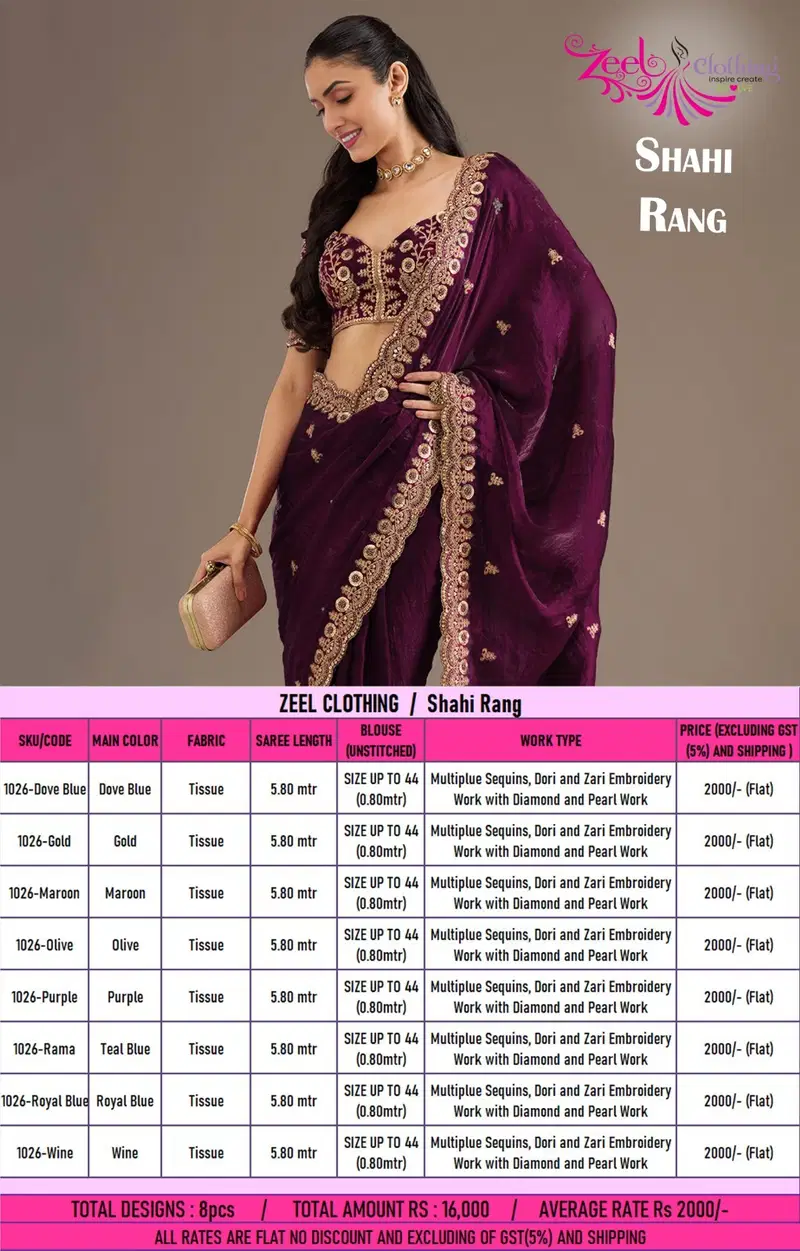 Zeel Shahi Rang Tissue With Sequecne Worked Saree Collection