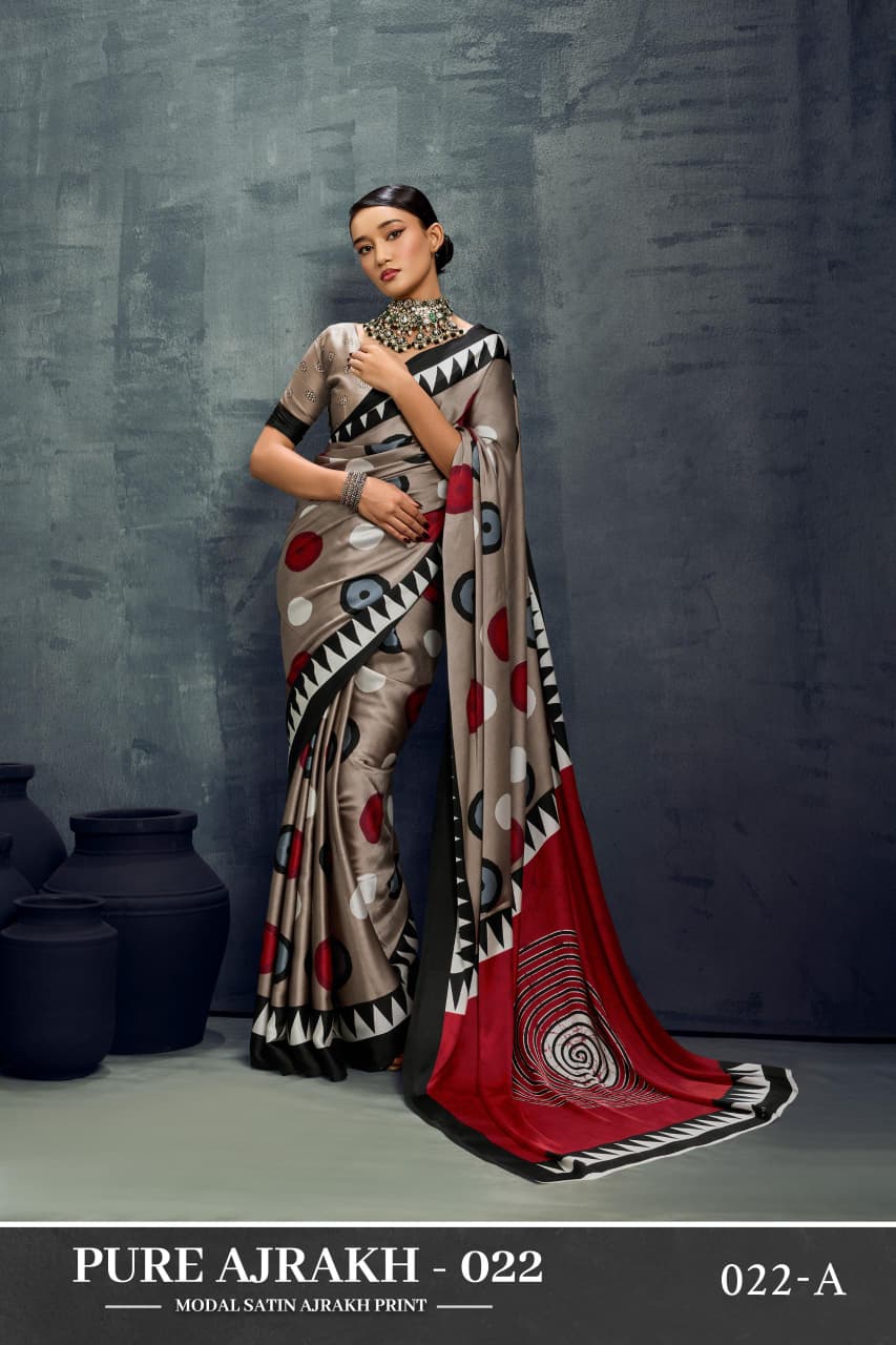 Pure Ajrakh 022 A To F Modal Satin Ajrakh Printed Saree Collection