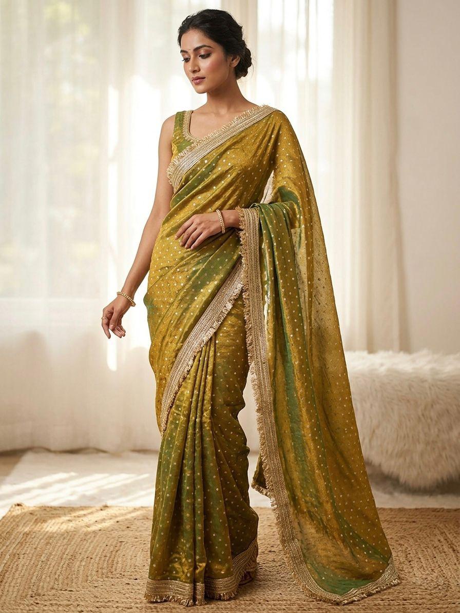 NCO 173 Litchi Soft Nc Moss Weaving Butty Lace Attached Work Saree