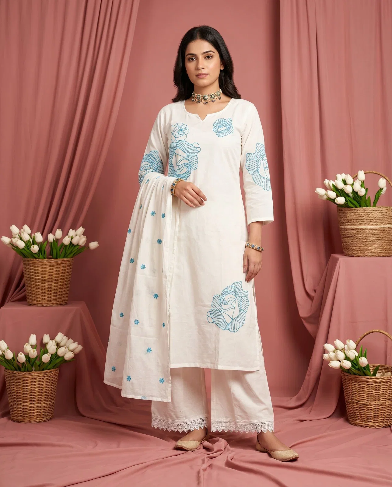 Naisha K 914 Mal Cotton Kurti With Bottom Dupatta