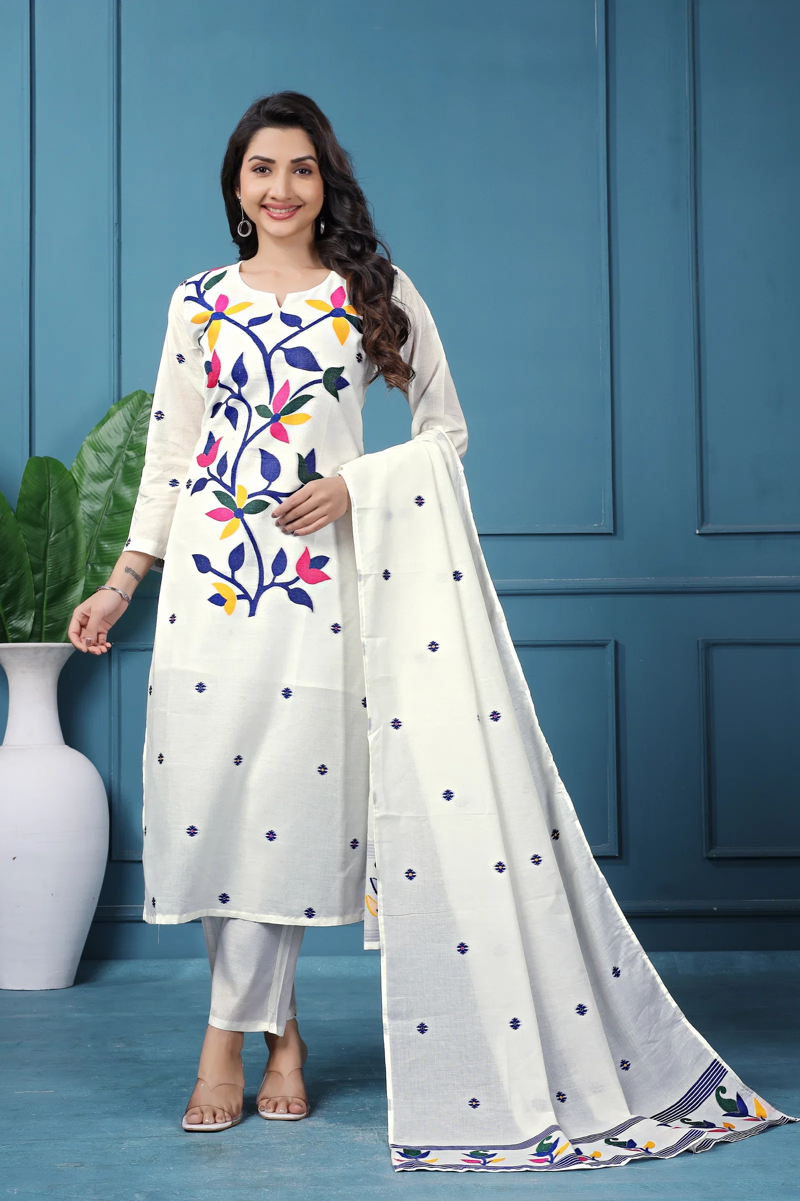 Sa Vyoma Vol 1 Cotton Hand Woven Jamdani Kurti With Bottom Dupatta