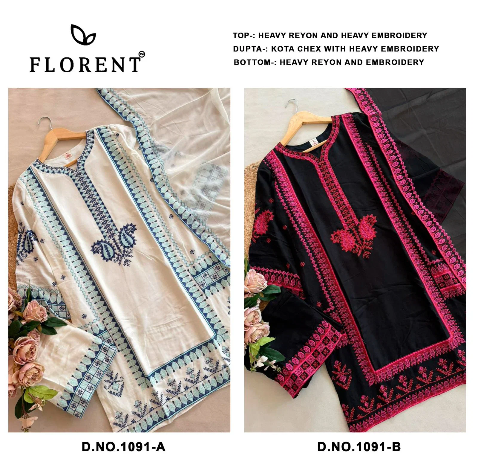 Florent 1199 A And B Readymade Rayon Embroidered Salwar Kameez