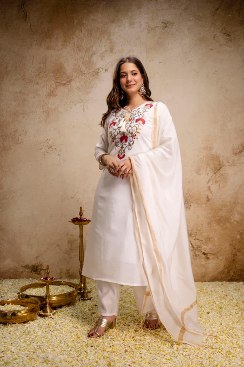 NCO 176 Viscose Chanderi Embroidery Kurti Bottom With Dupatta