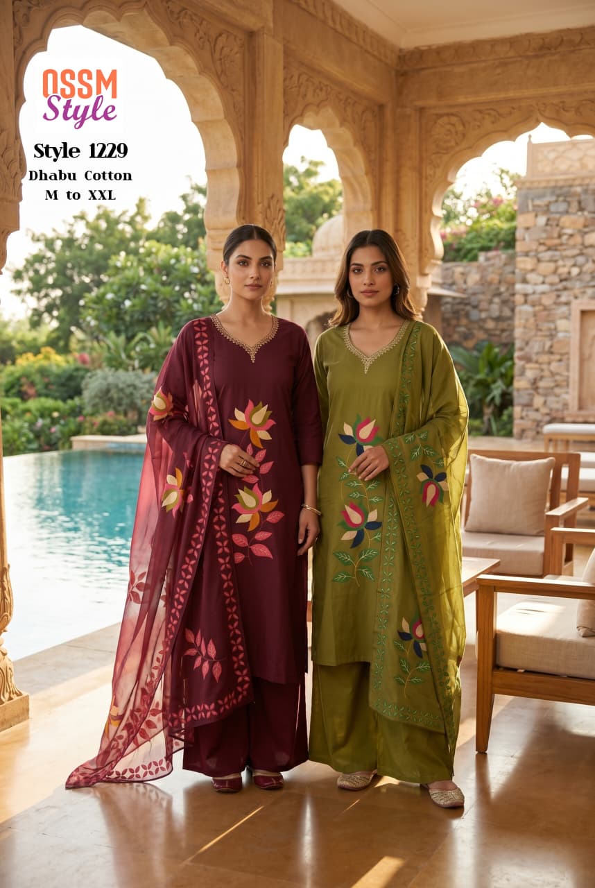 Ossam Style 1229 Dhabu Cotton Printed Kurti WIth Bottom Dupatta