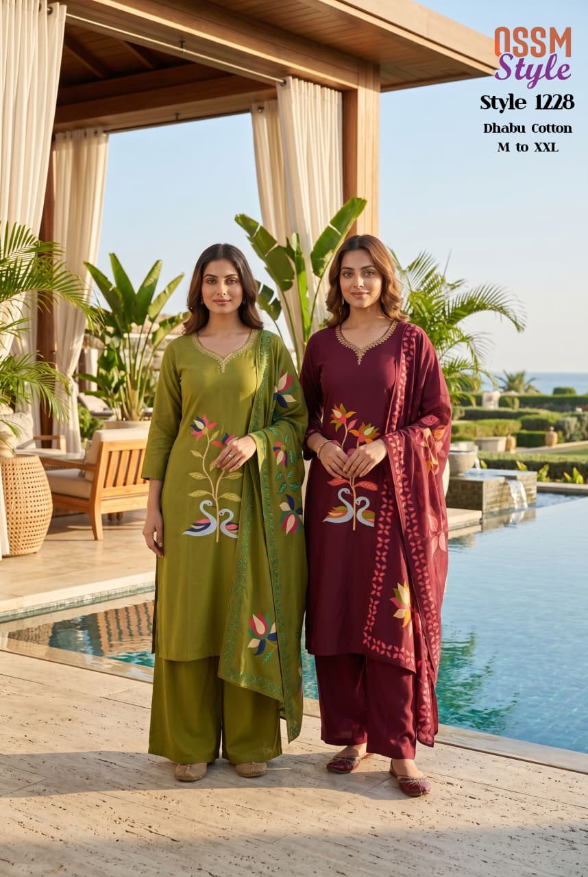Ossam Style 1228 Dhabu Cotton Printed Kurti WIth Bottom Dupatta
