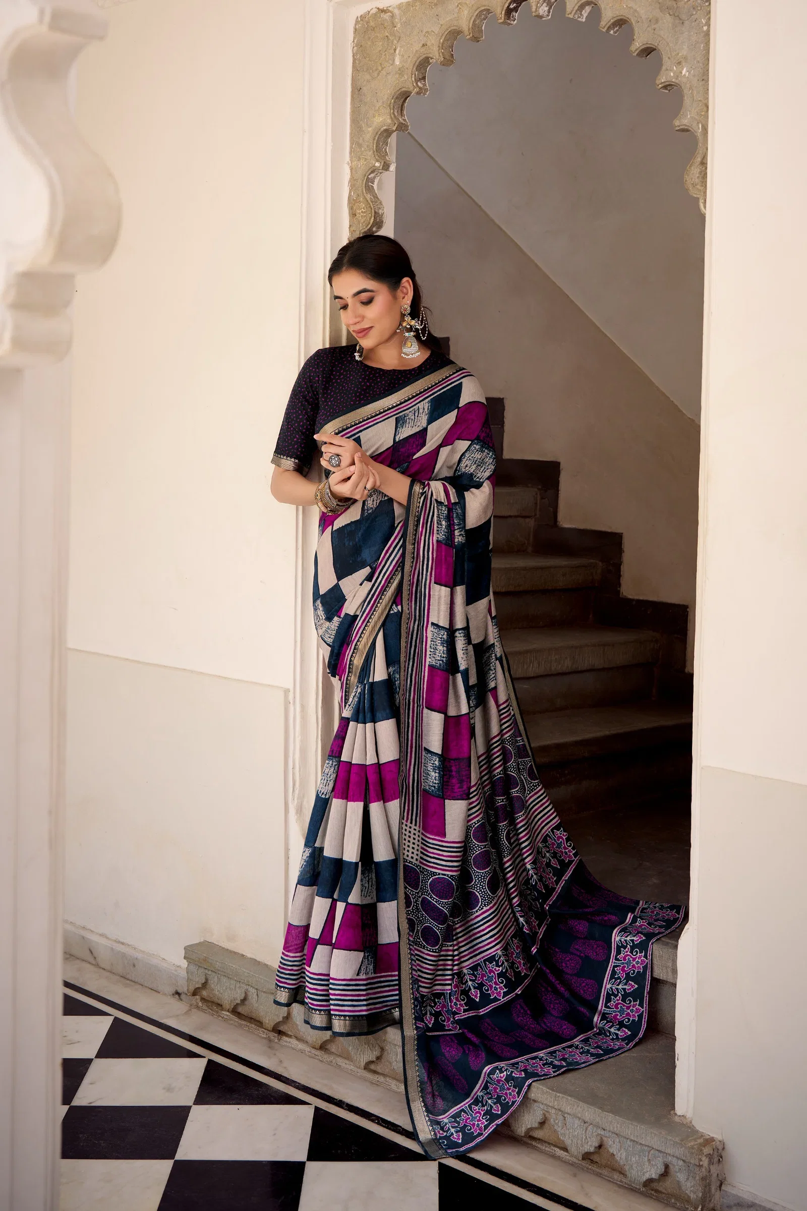 Taraa L 7045 Polyester Viscose Chanderi Printed Saree Collection