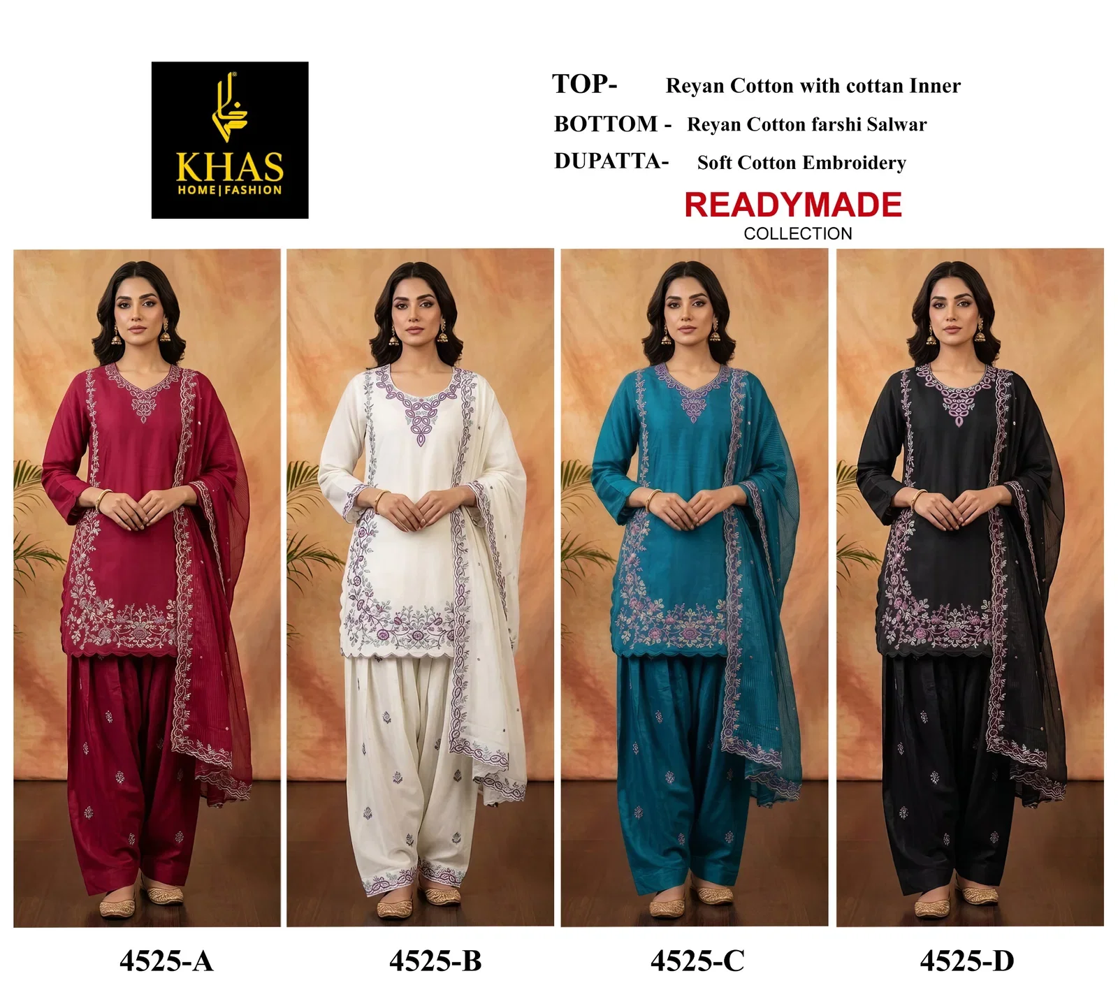 Khas 4525 A To D Rayon Cotton Embroidered Salwar Kameez