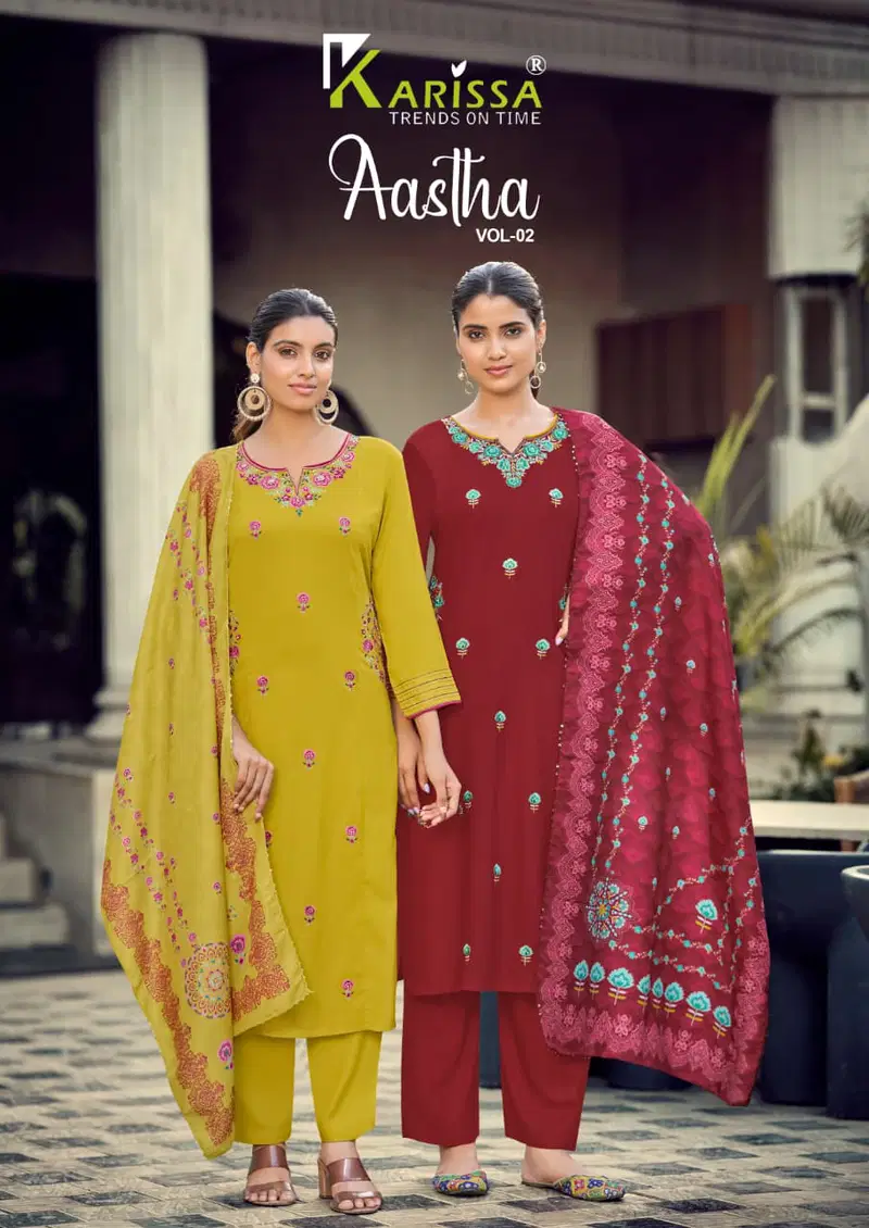 Karissa Aastha Vol 2 Rayon Thread Worked Kurti With Bottom Dupatta