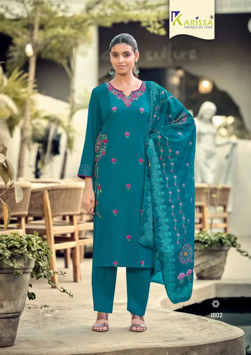 Karissa Aastha Vol 2 Rayon Thread Worked Kurti With Bottom Dupatta