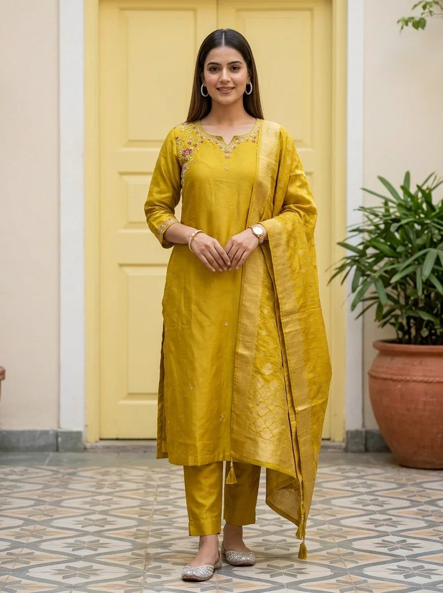 Naisha K 919 Dola Silk With Heavy Worked Kurti With Bottom Dupatta