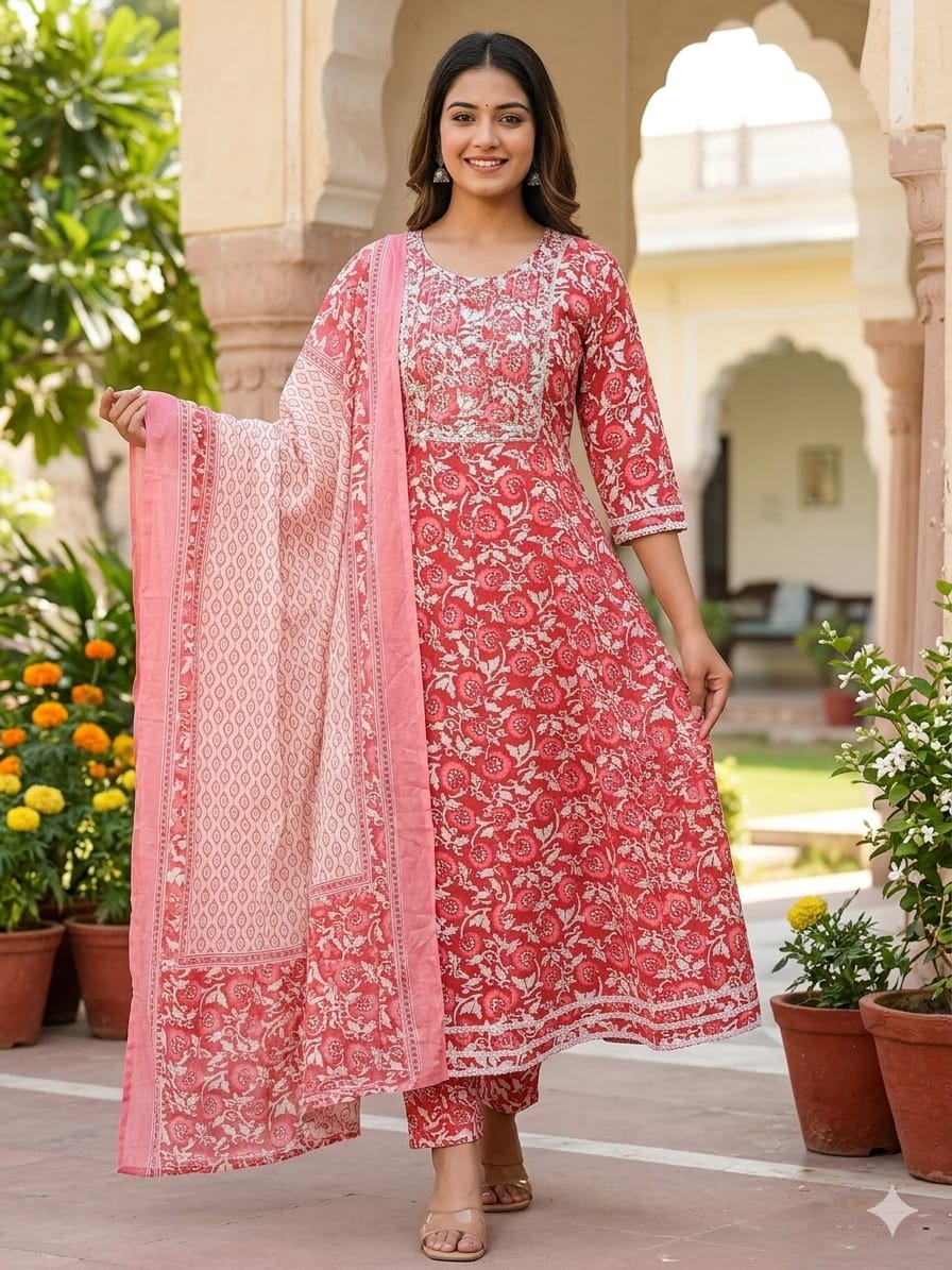 Naisha K 921 Cotton Ghera Printed Kurti With Bottom Dupatta