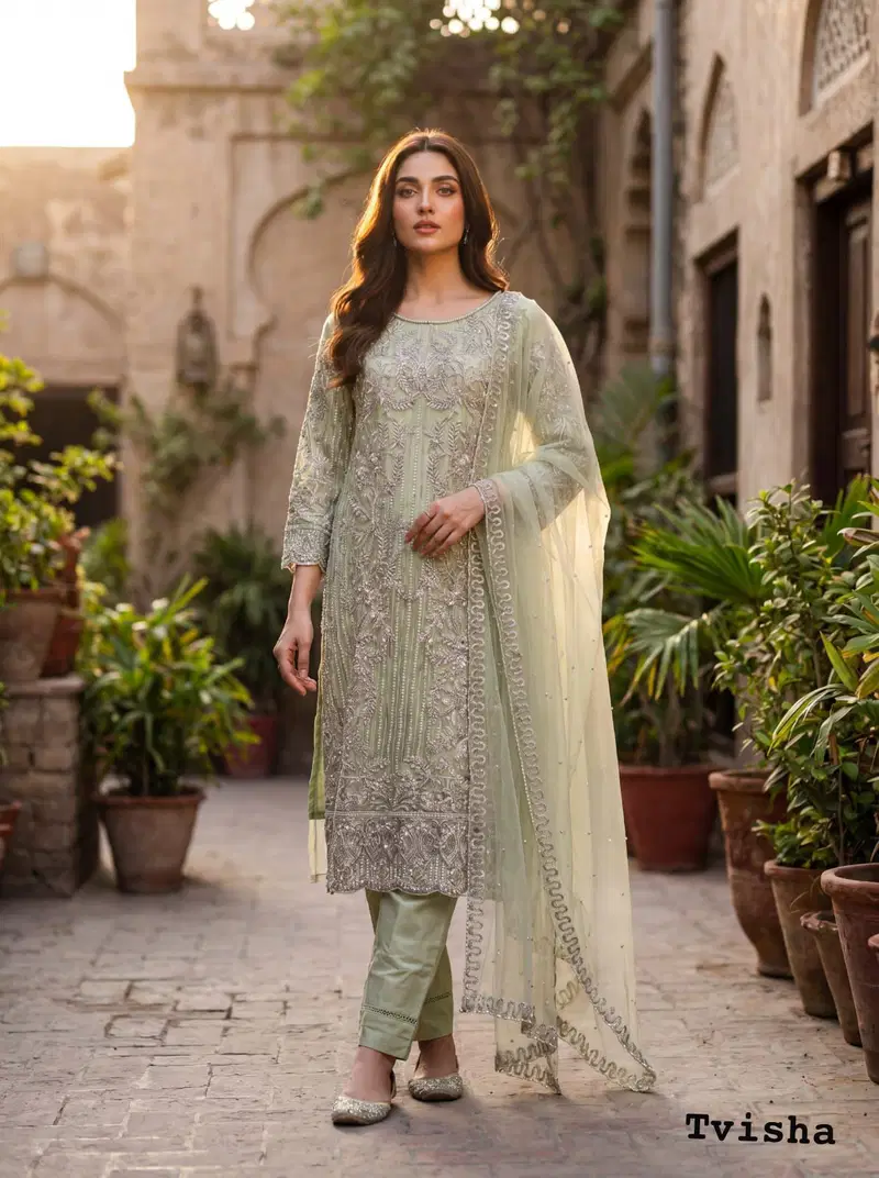 Tvisha Vol 1 Net With Embroidered Kurti With Bottom Dupatta