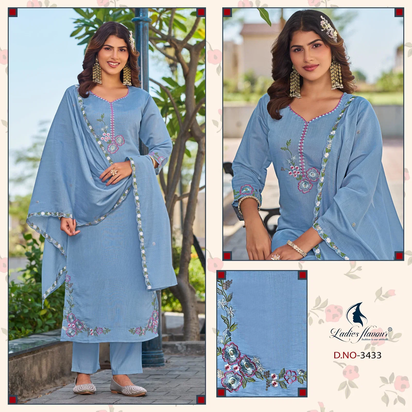Ladies Flavour 3432 To 3434 Mul Chanderi Embroidered Kurti With Bottom Dupatta