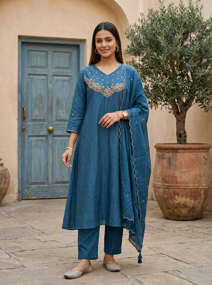 Naisha K 923 Banarasi Mul Chanderi Kurti With Bottom Dupatta