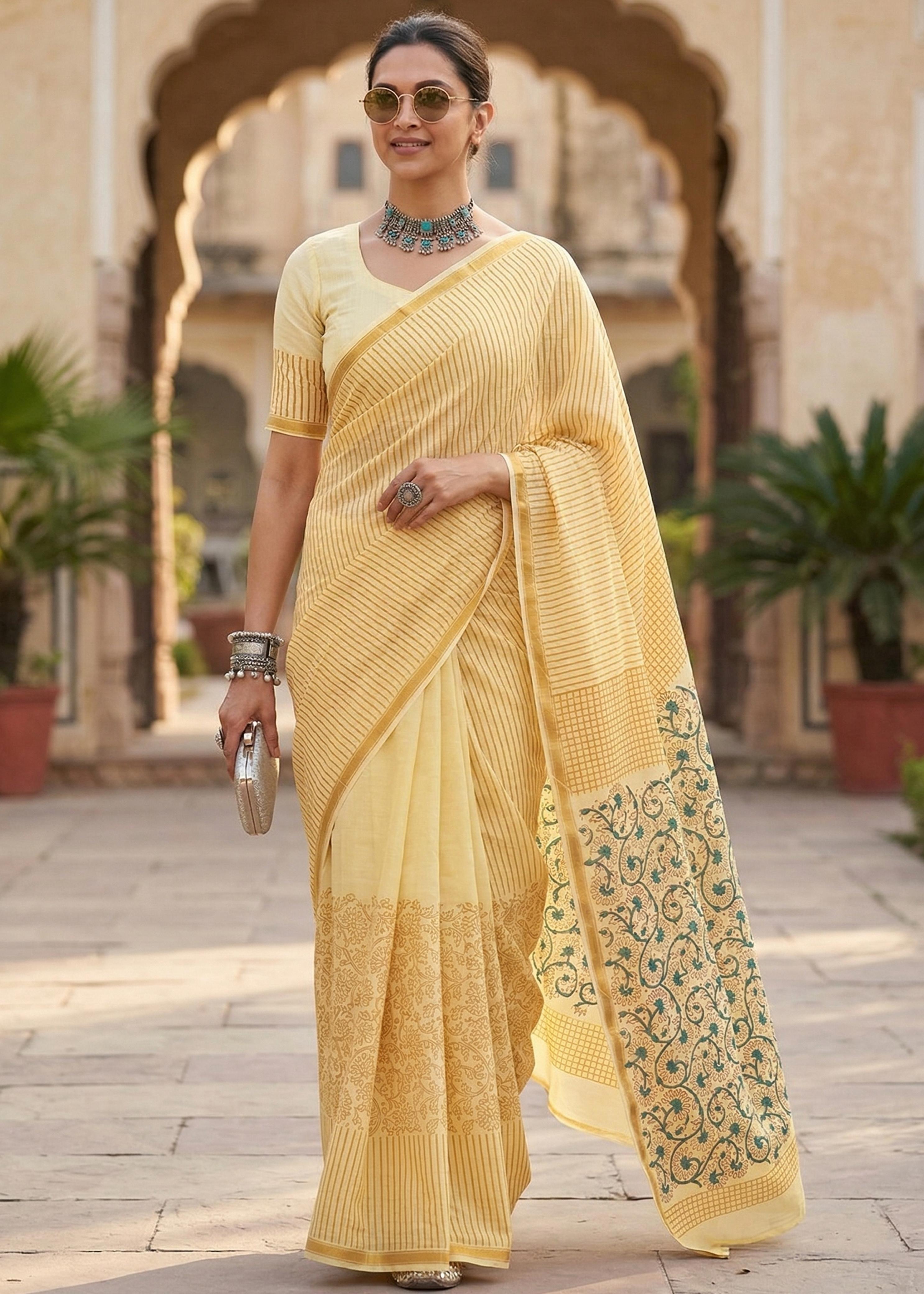 Sm Yami 62 Muslin Cotton Heavy Zari Border Hand Block Print Saree