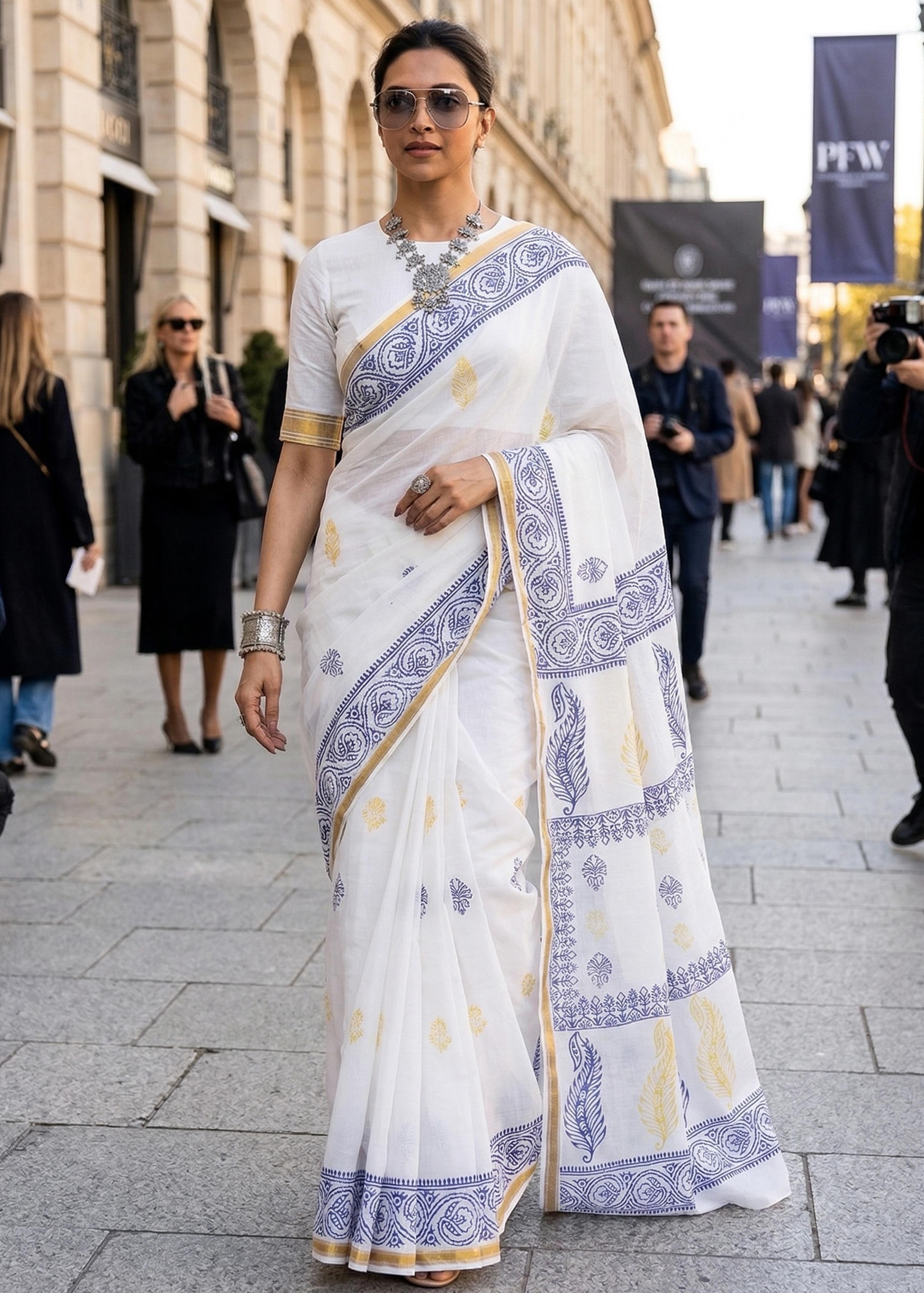 Sm Yami 62 Muslin Cotton Heavy Zari Border Hand Block Print Saree