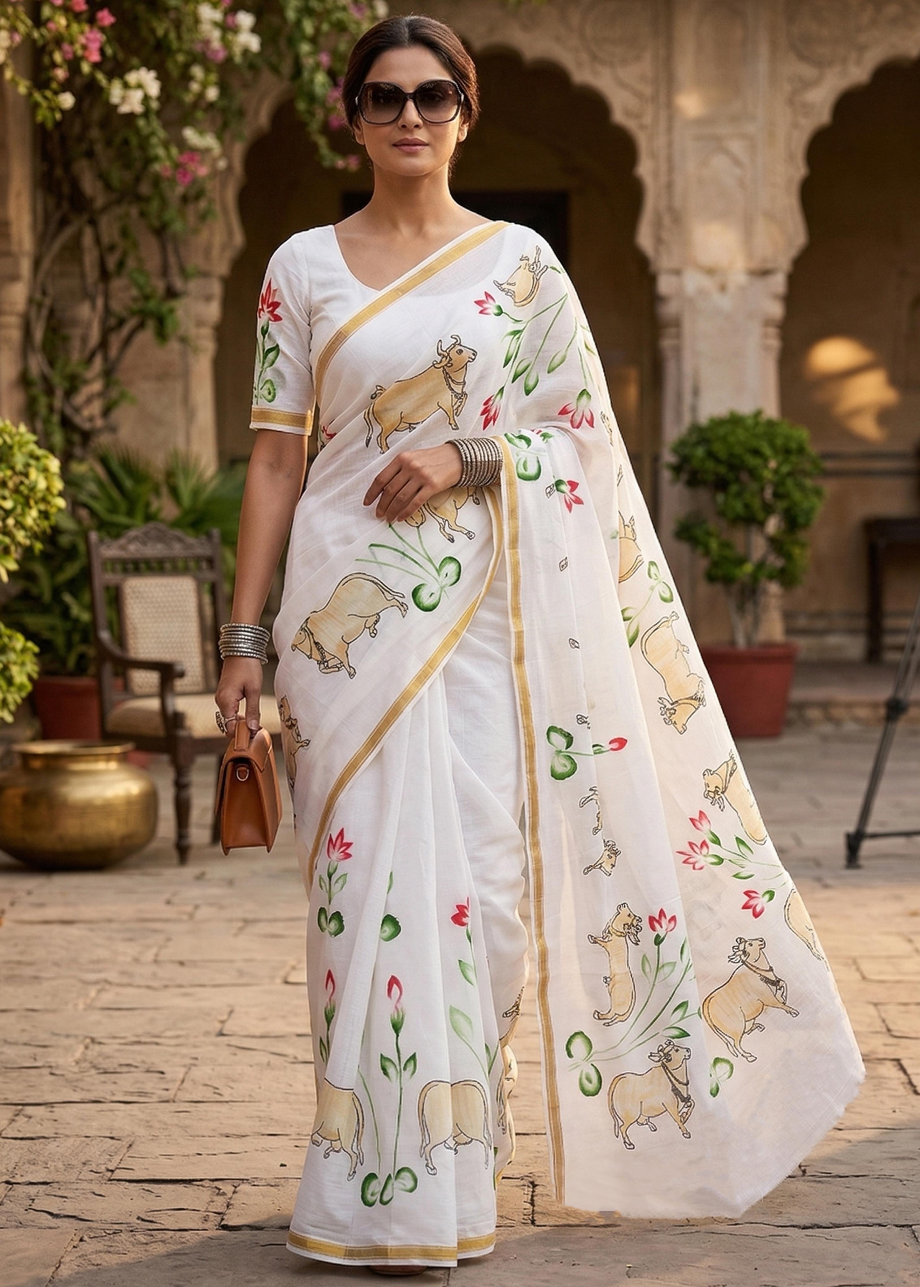 Sm Yami 62 Muslin Cotton Heavy Zari Border Hand Block Print Saree