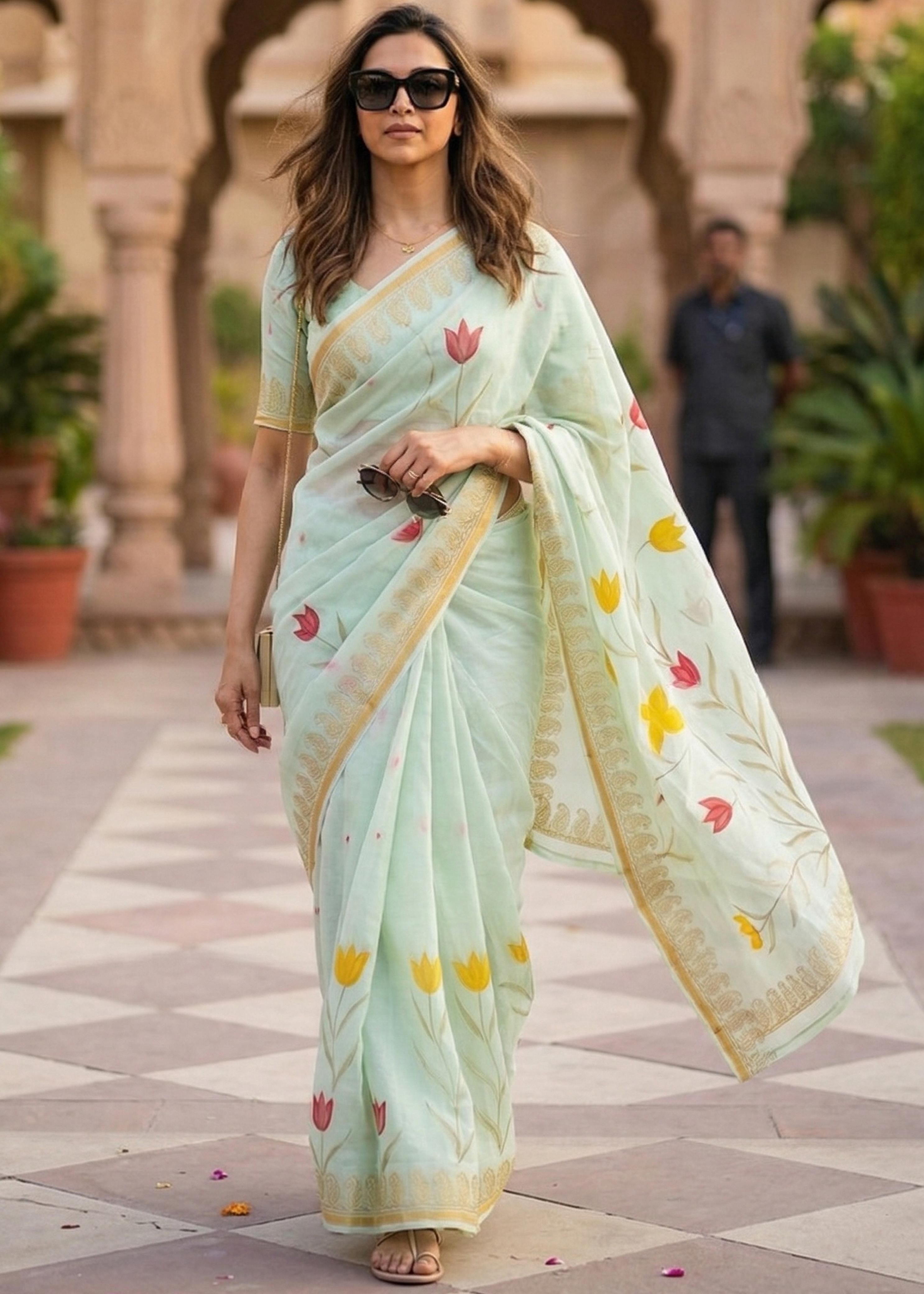 Sm Yami 62 Muslin Cotton Heavy Zari Border Hand Block Print Saree