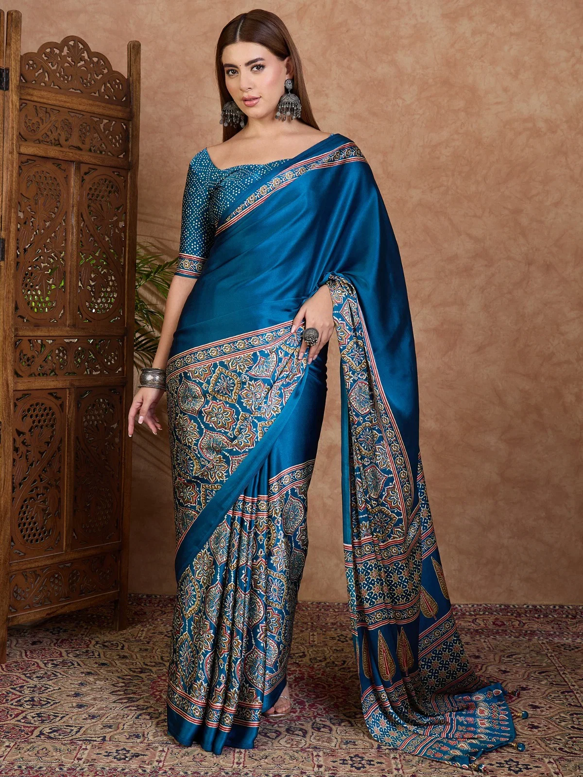 Ajrakh Lux 34 Semi Modal Silk Printed Saree Collection