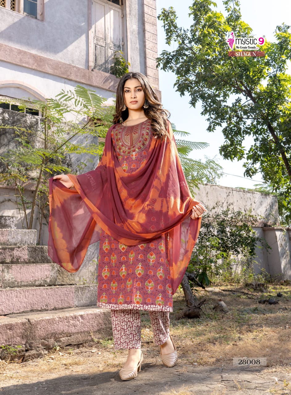 Mystic 9 Shagun Vol 28 Rayon Capsule Foil Print Straight Top With Bottom And Dupatta