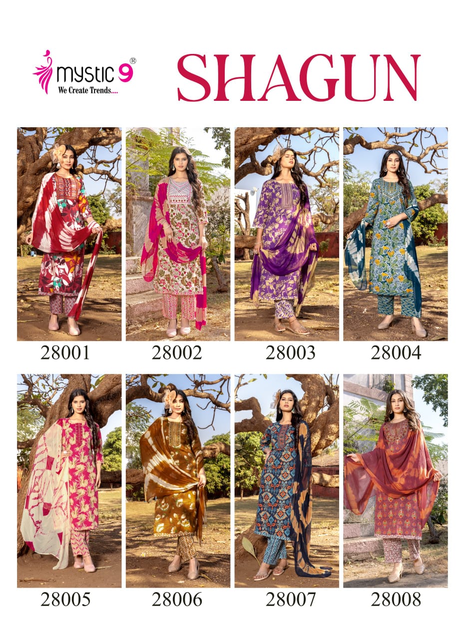 Mystic 9 Shagun Vol 28 Rayon Capsule Foil Print Straight Top With Bottom And Dupatta