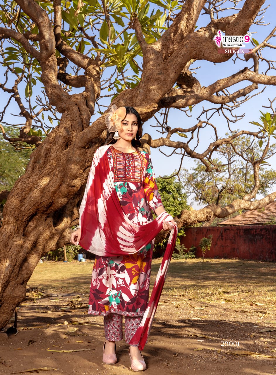 Mystic 9 Shagun Vol 28 Rayon Capsule Foil Print Straight Top With Bottom And Dupatta