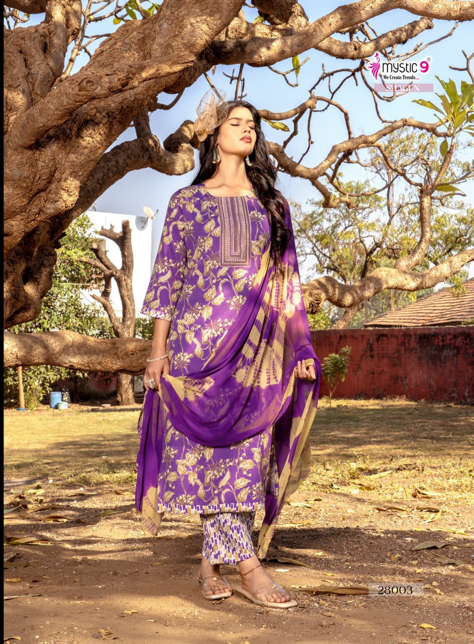 Mystic 9 Shagun Vol 28 Rayon Capsule Foil Print Straight Top With Bottom And Dupatta