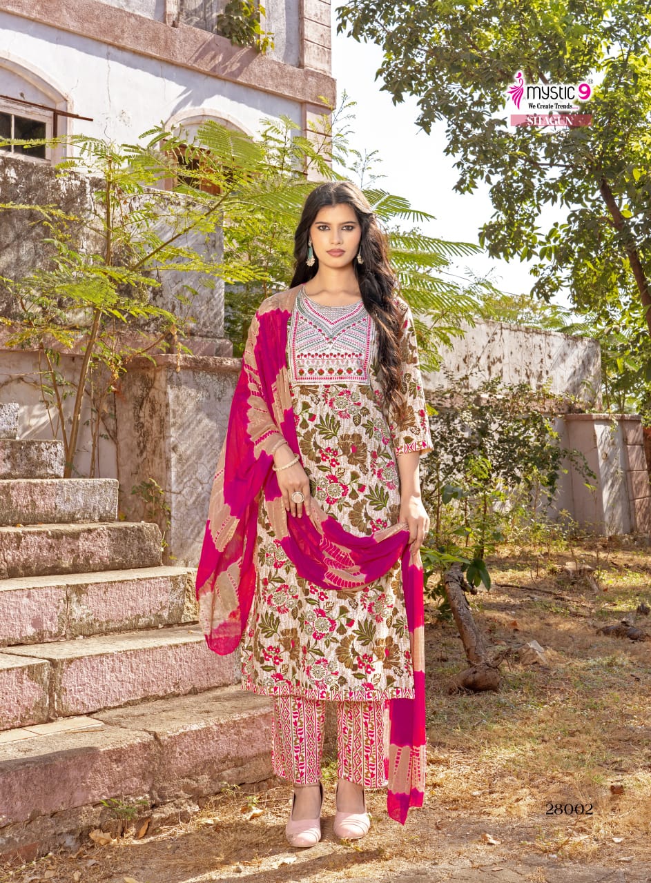 Mystic 9 Shagun Vol 28 Rayon Capsule Foil Print Straight Top With Bottom And Dupatta