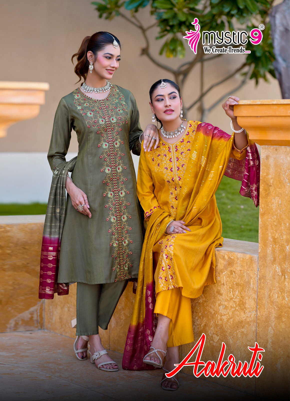 Mystic 9 Aakruti Vol 1 Vertican Shimmer Flaired Top With Bottom And Dupatta
