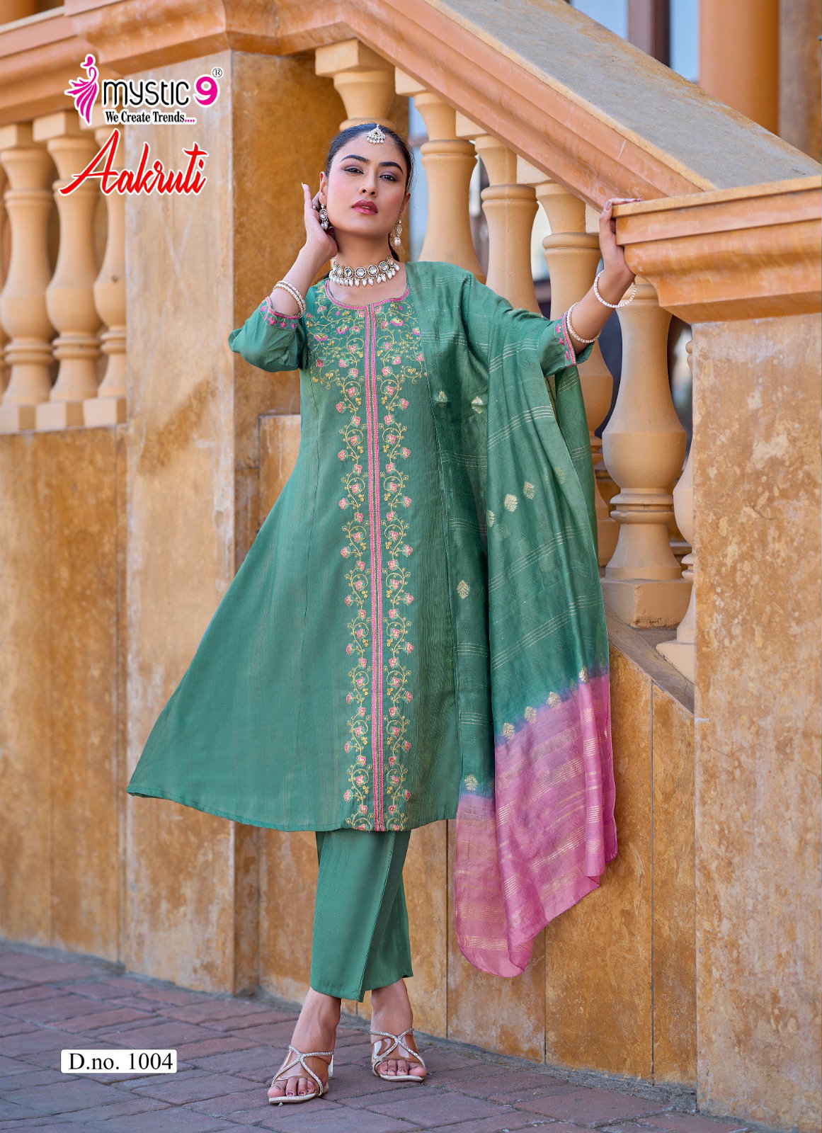 Mystic 9 Aakruti Vol 1 Vertican Shimmer Flaired Top With Bottom And Dupatta