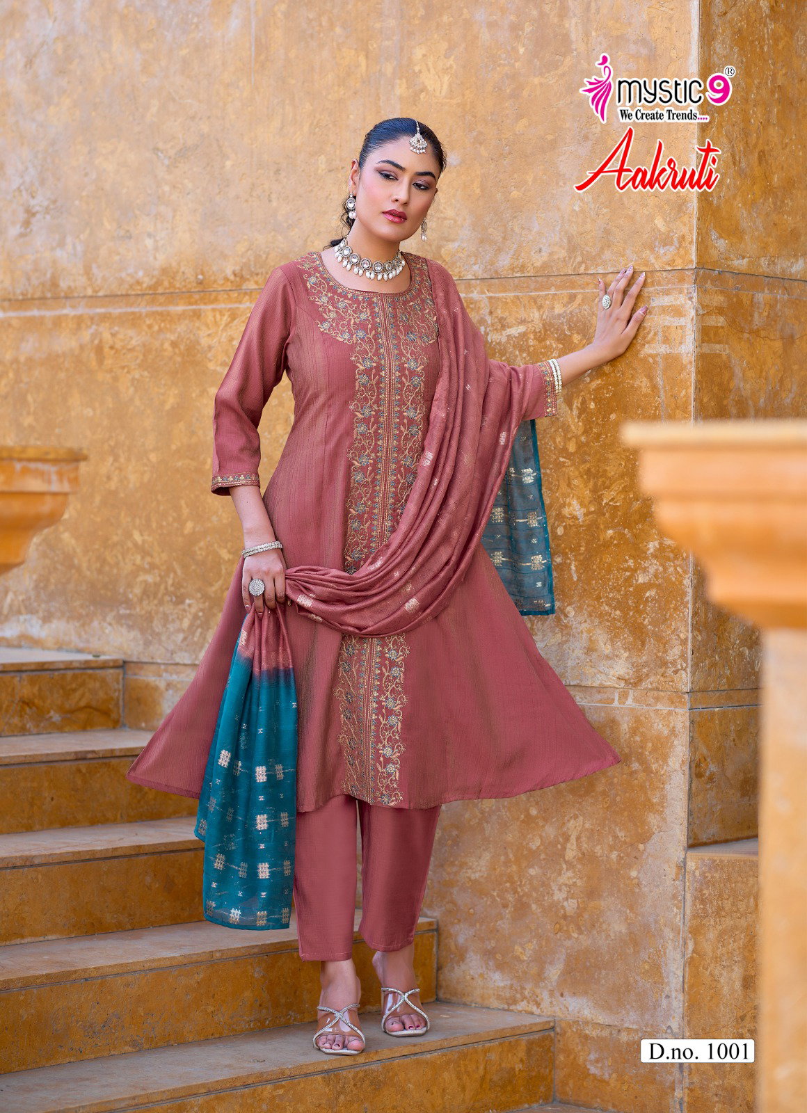 Mystic 9 Aakruti Vol 1 Vertican Shimmer Flaired Top With Bottom And Dupatta