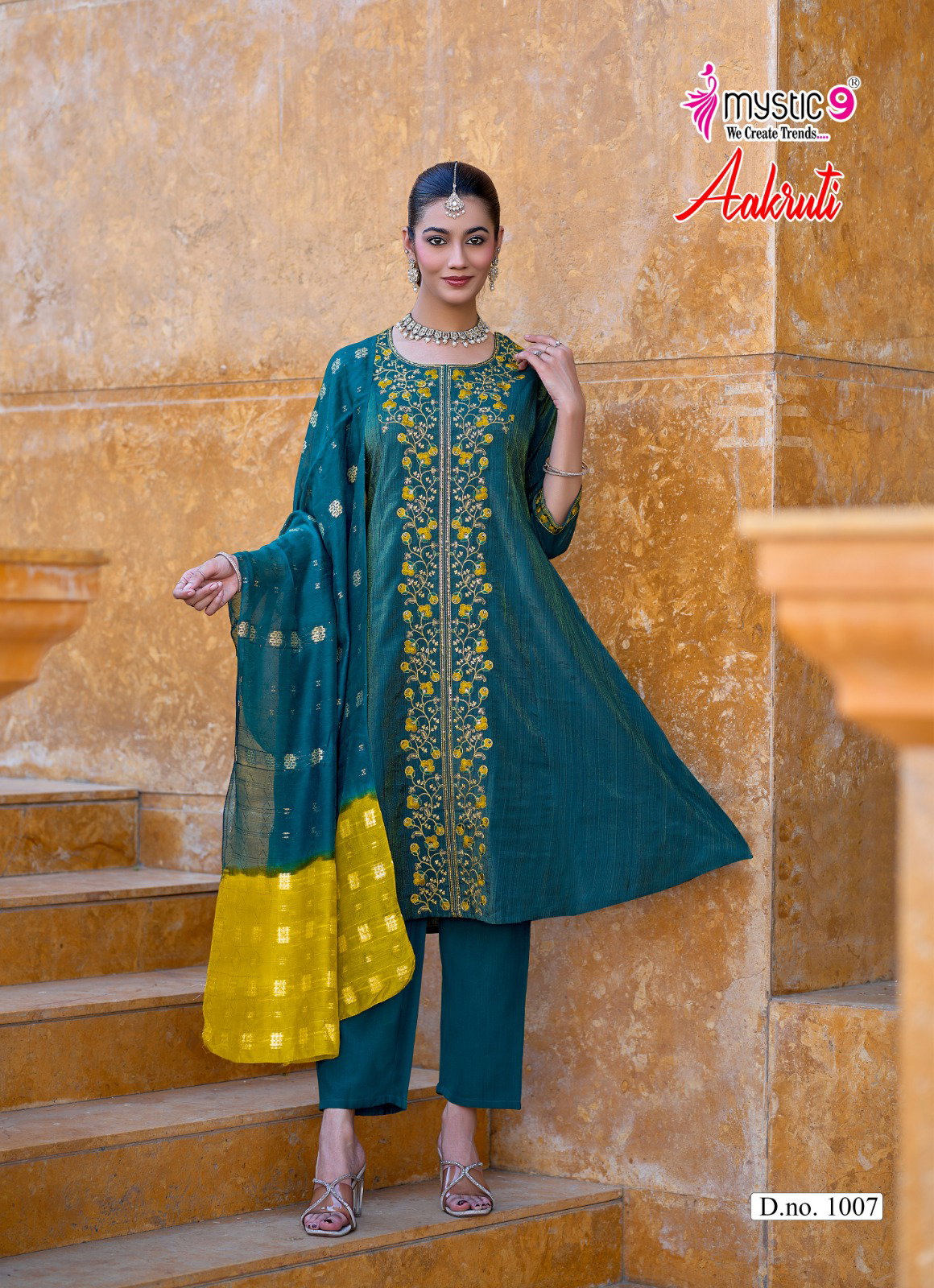 Mystic 9 Aakruti Vol 1 Vertican Shimmer Flaired Top With Bottom And Dupatta