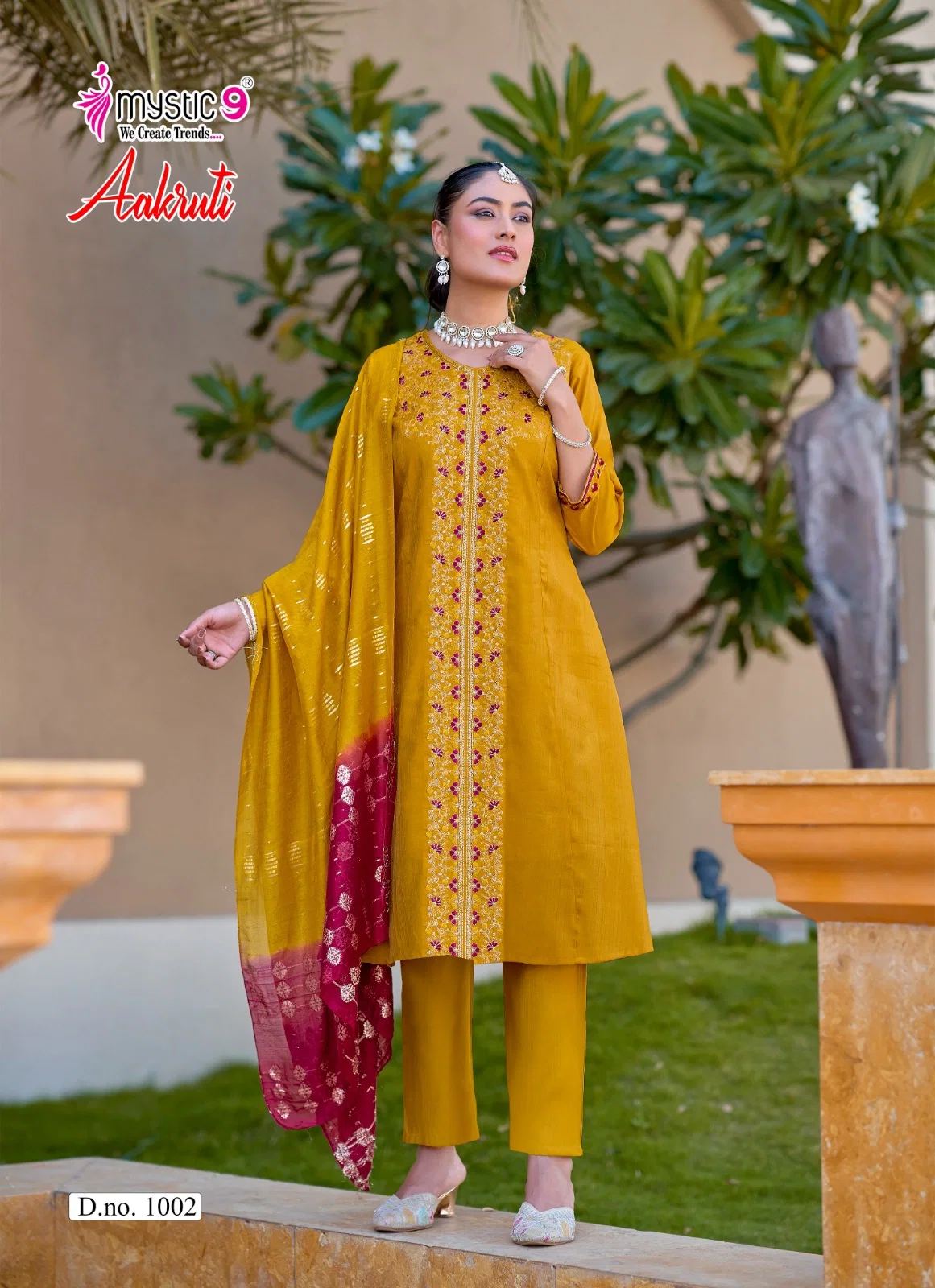 Mystic 9 Aakruti Vol 1 Vertican Shimmer Flaired Top With Bottom And Dupatta