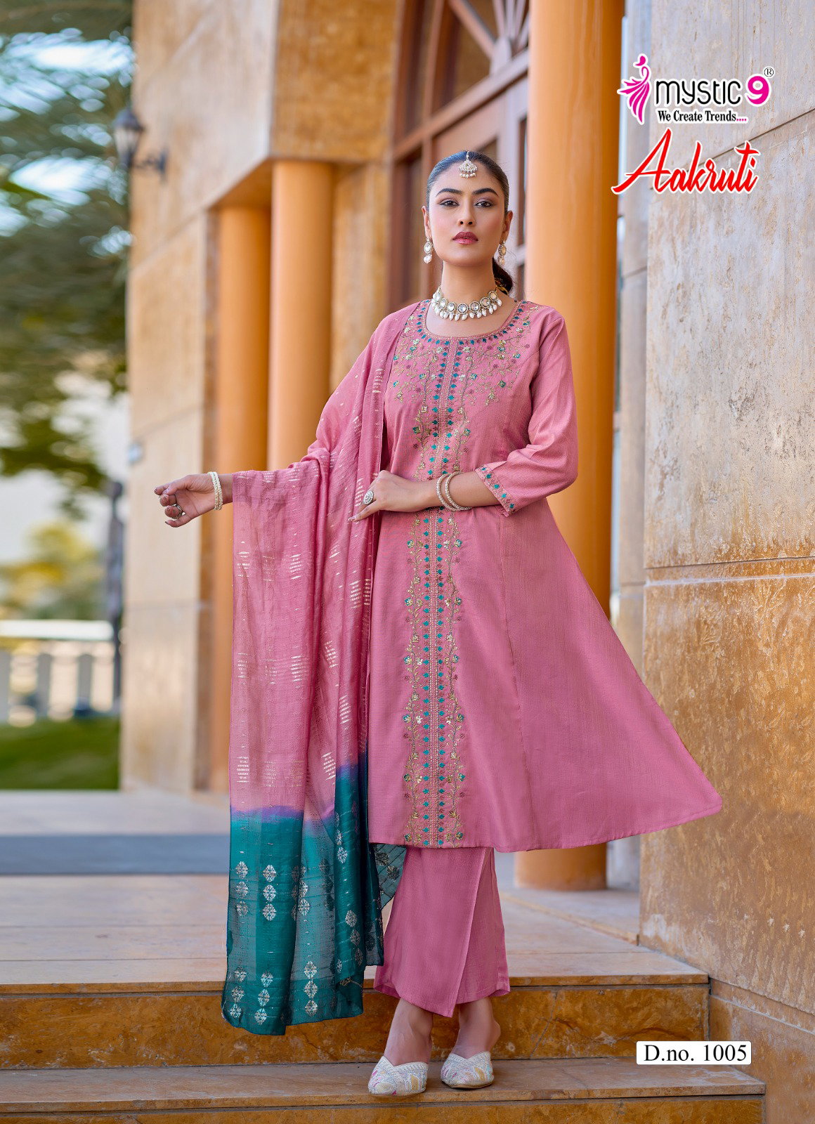 Mystic 9 Aakruti Vol 1 Vertican Shimmer Flaired Top With Bottom And Dupatta