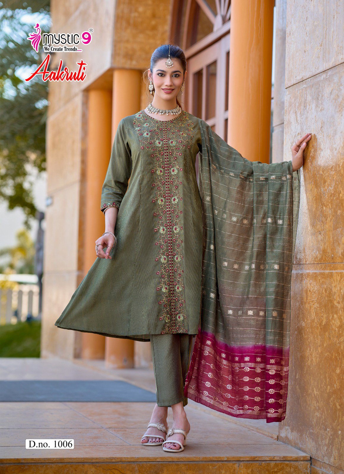 Mystic 9 Aakruti Vol 1 Vertican Shimmer Flaired Top With Bottom And Dupatta